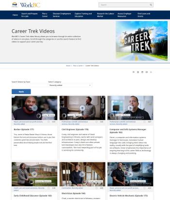 screen shot of the Career Trek Videos page