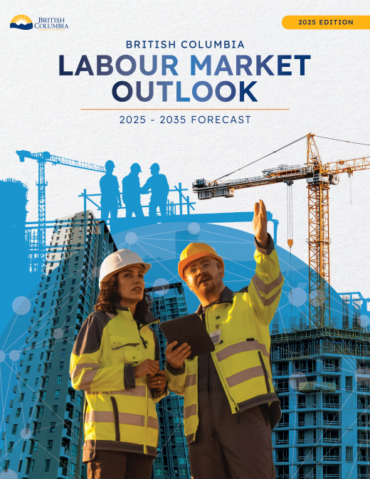 A male and female construction workers wearing safety equipment with "Labour Market Outlook: 2025 to 2035 forecast" above